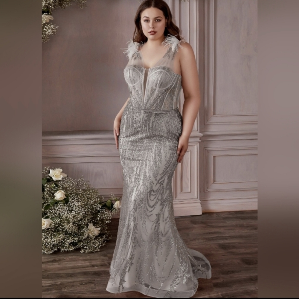 Plus Size Mermaid Fitted Silver Glitter with Feathers Dress